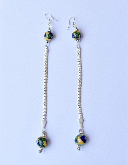 Blue Pottery beads With Metal Chain Earring in Yellow Base With Blue Flower